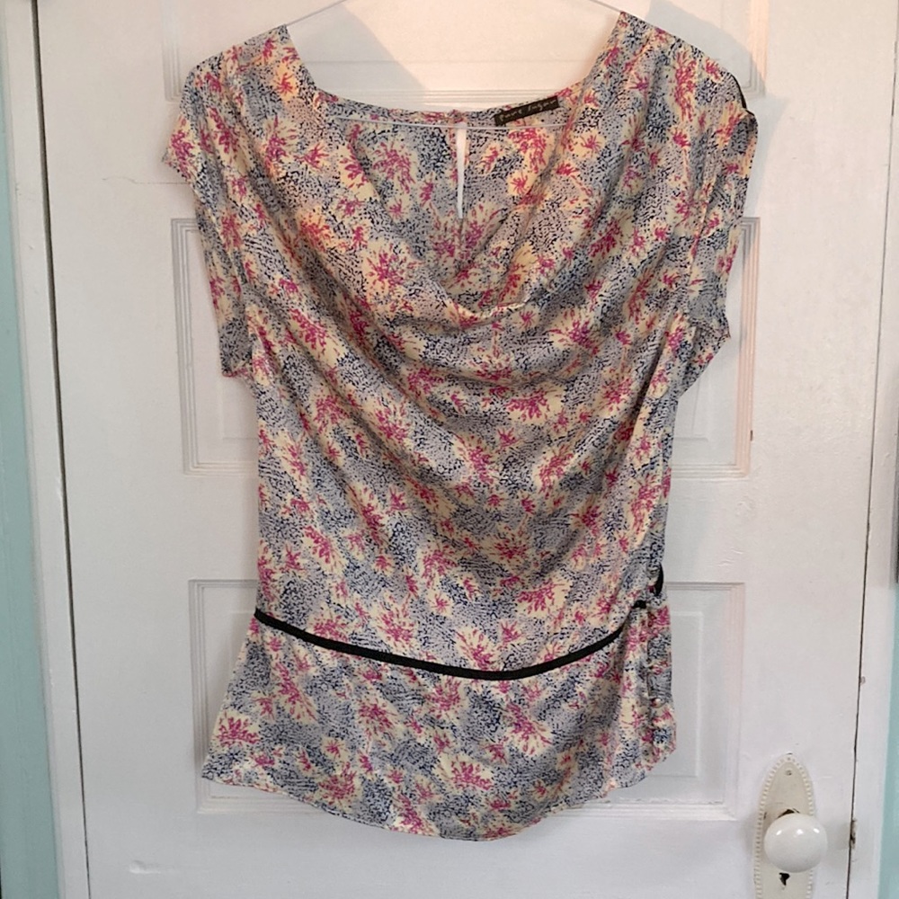 Pure Sugar silk blouse ruche-neck small pink blue cream with blue piping